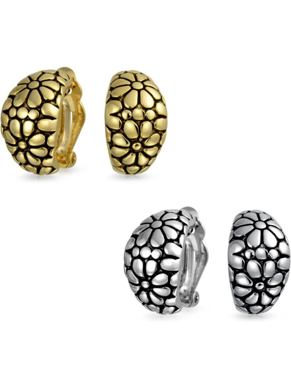 Chic Flower Daisy Clip-On Earrings Set | Shrimp Style, Silver & Gold Plated
